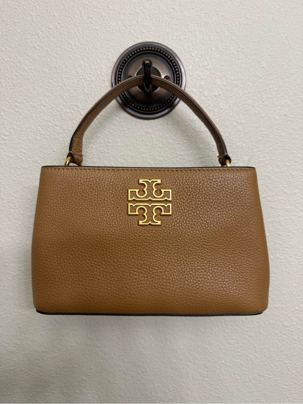 Tory Burch Britten Brown Pebbled Leather Micro Satchel with Gold Logo